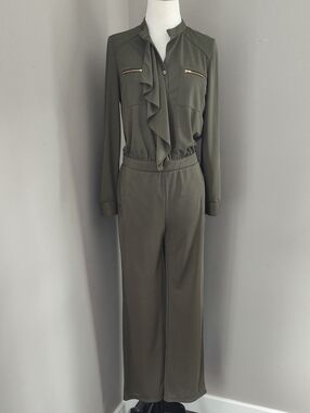 Chico's Olive Green Ruffle-Front Long-Sleeve Jumpsuit With Gold Accents